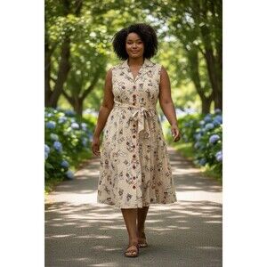 ModCloth 1X Corgi Print Collared Sleeveless Midi Dress Polka Dot Belted Cotton